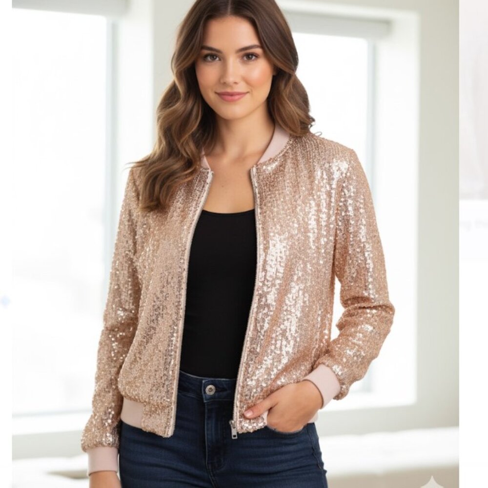 NWT W.A.Y Wonderful & Young Taupe Sequin Bomber Jacket Lined Full Zip Size M